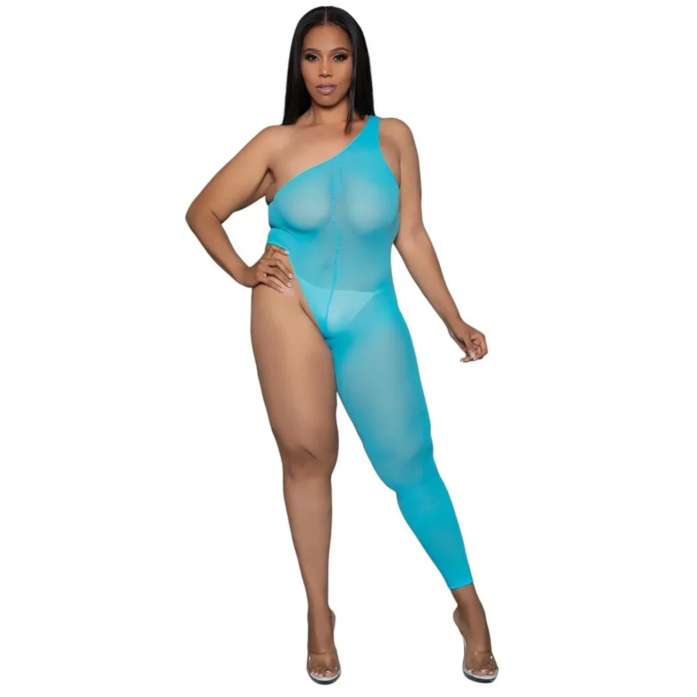 Asymmetrical Bodystocking One Shoulder Leg - Turquoise